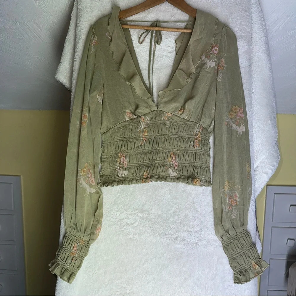 Free People Olive Floral Blouse